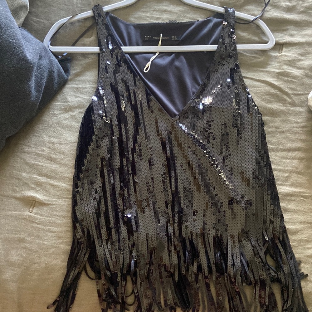 Black Sequence Fringe Top From Zara Size S - image 1